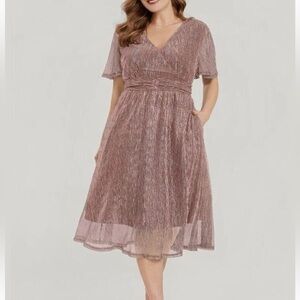 Bloomchic Plus Size Glitter Mesh Surplice Neck Ruffle Sleeve Pocket Midi Dress